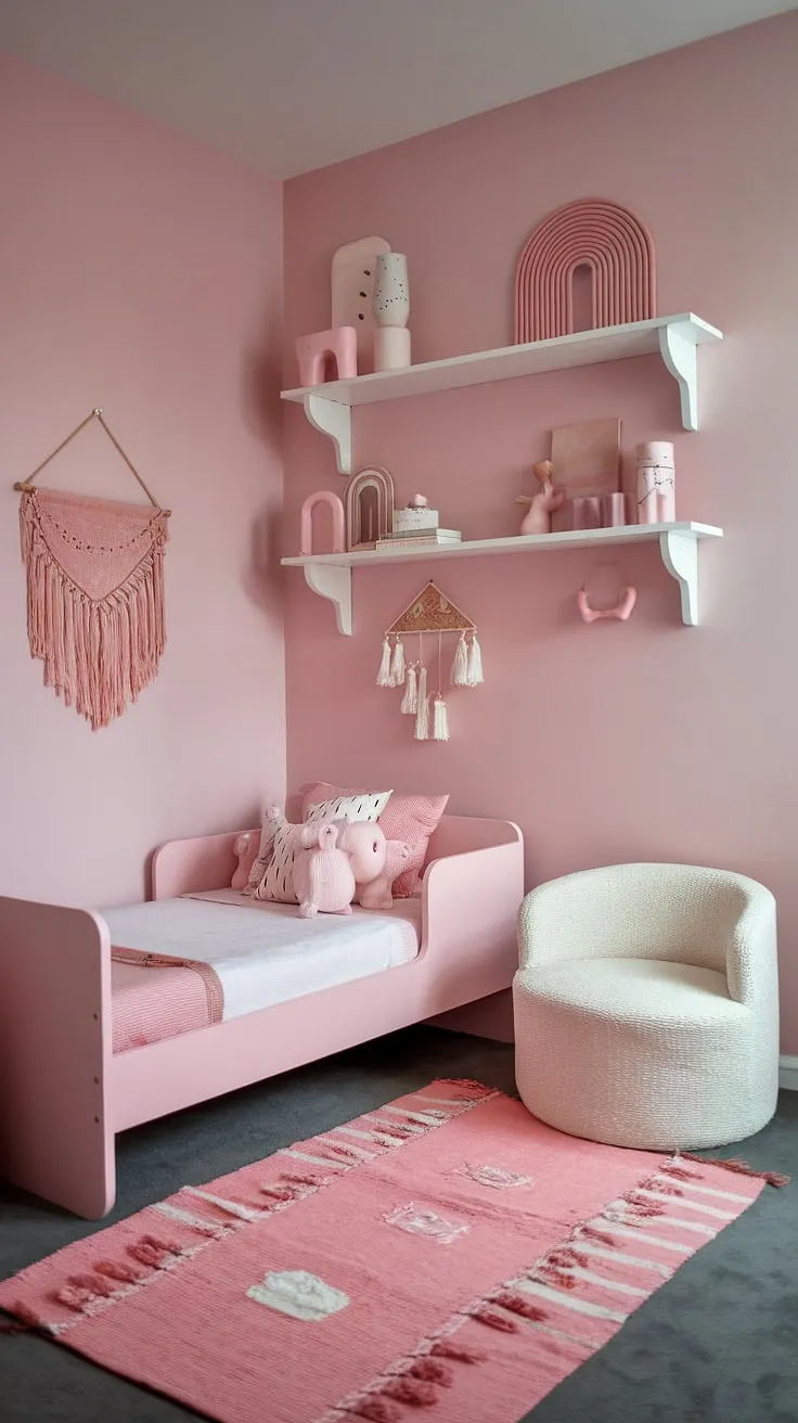 Dreamy and simple, this pink boho toddler room is the perfect blend of style and comfort.  A haven of inspiration for boho girls' rooms, it offers plenty of toddler room ideas for a girl's space, showcasing the best in kids room inspo for girls.  This boho bedroom for kids, a boho kids bedroom for girls, and a perfect example of toddler room themes for girls, proves that a beautiful and functional space doesn't need to be complicated.