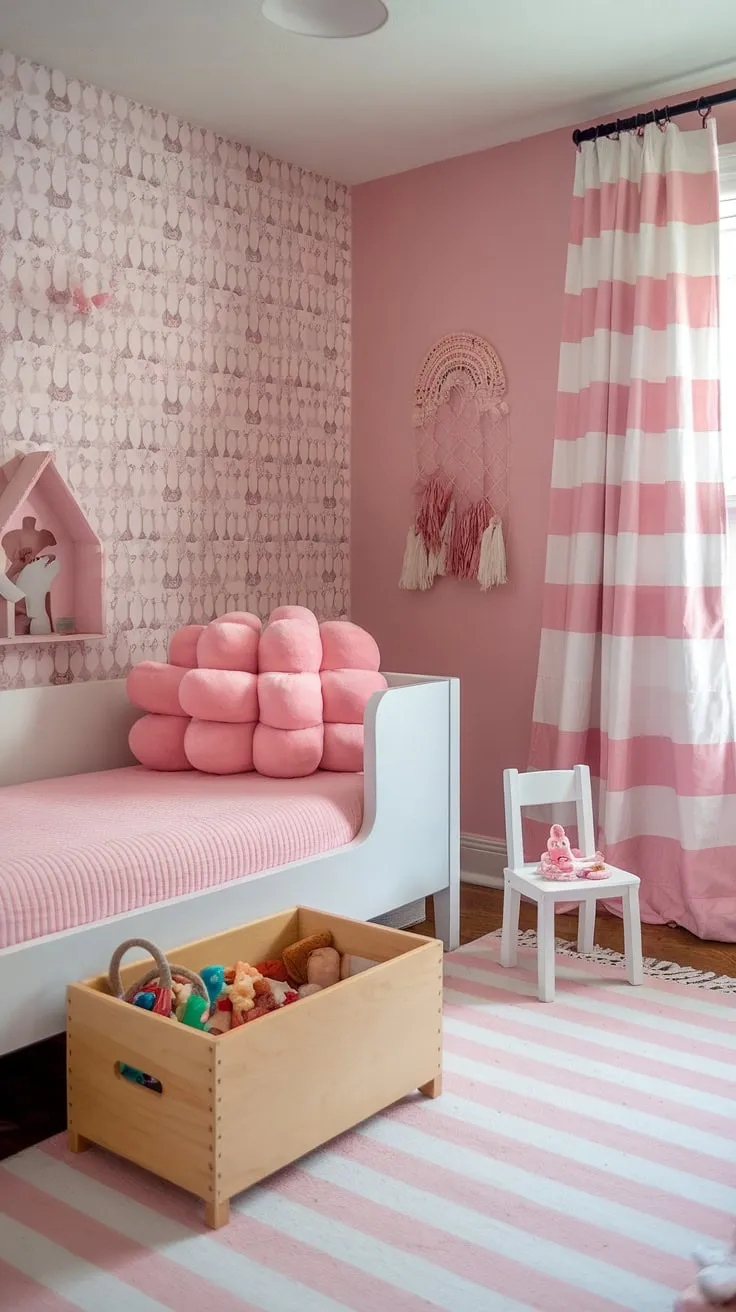 Dreamy and simple, this pink boho toddler room is the perfect blend of style and comfort.  A haven of inspiration for boho girls' rooms, it offers plenty of toddler room ideas for a girl's space, showcasing the best in kids room inspo for girls.  This boho bedroom for kids, a boho kids bedroom for girls, and a perfect example of toddler room themes for girls, proves that a beautiful and functional space doesn't need to be complicated.