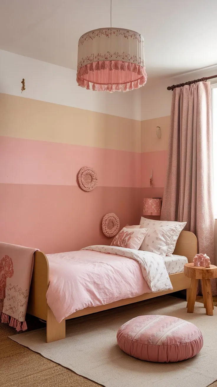 Dreamy and delicate, this pink boho toddler room offers a simple yet stylish space for little ones to grow.  Perfect inspiration for boho girls room decor, showcasing the best of toddler room ideas girl boho and kids room inspo girl.  A charming example of boho bedroom kids girl and boho kids bedroom girl design, highlighting effortless toddler room themes girl.