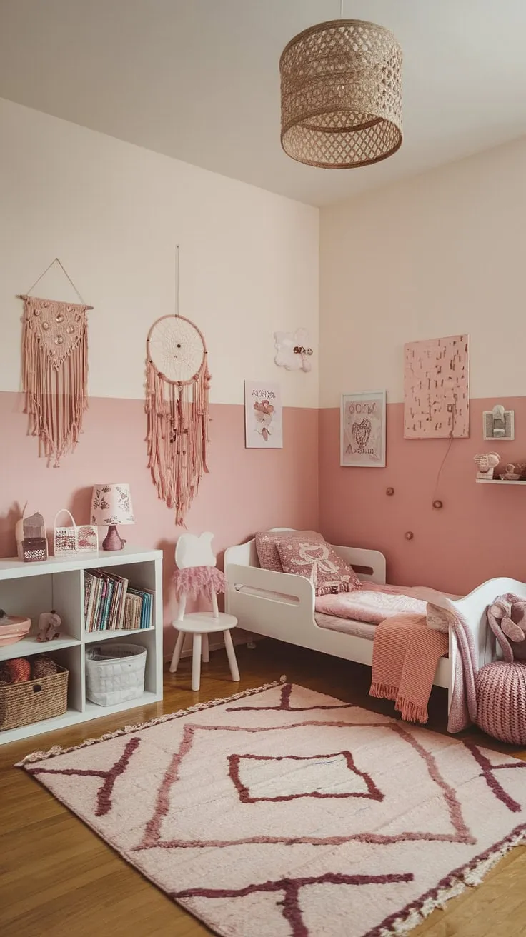 This pink boho toddler room is the epitome of toddler room ideas girl boho.  The simple toddler room girl design is filled with natural light and charming details, making it a dreamy boho girls room.  Get inspired by this kids room inspo girl space for your own little one's haven.