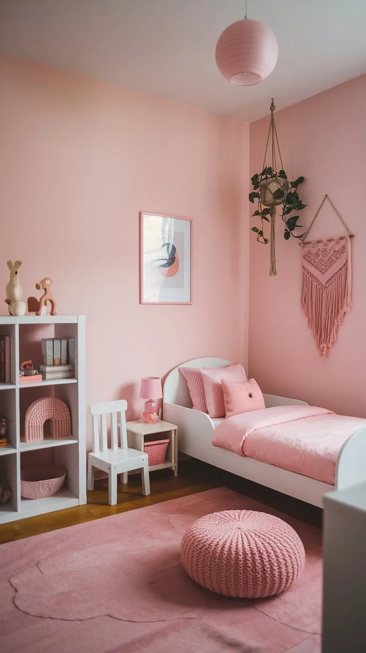 Dreamy and simple, this pink boho toddler room is the perfect blend of style and comfort.  A haven of inspiration for boho girls' rooms, it offers plenty of toddler room ideas for a girl's space, showcasing the best in kids room inspo for girls.  This boho bedroom for kids, a boho kids bedroom for girls, is a testament to effortless chic in toddler room themes for girls.