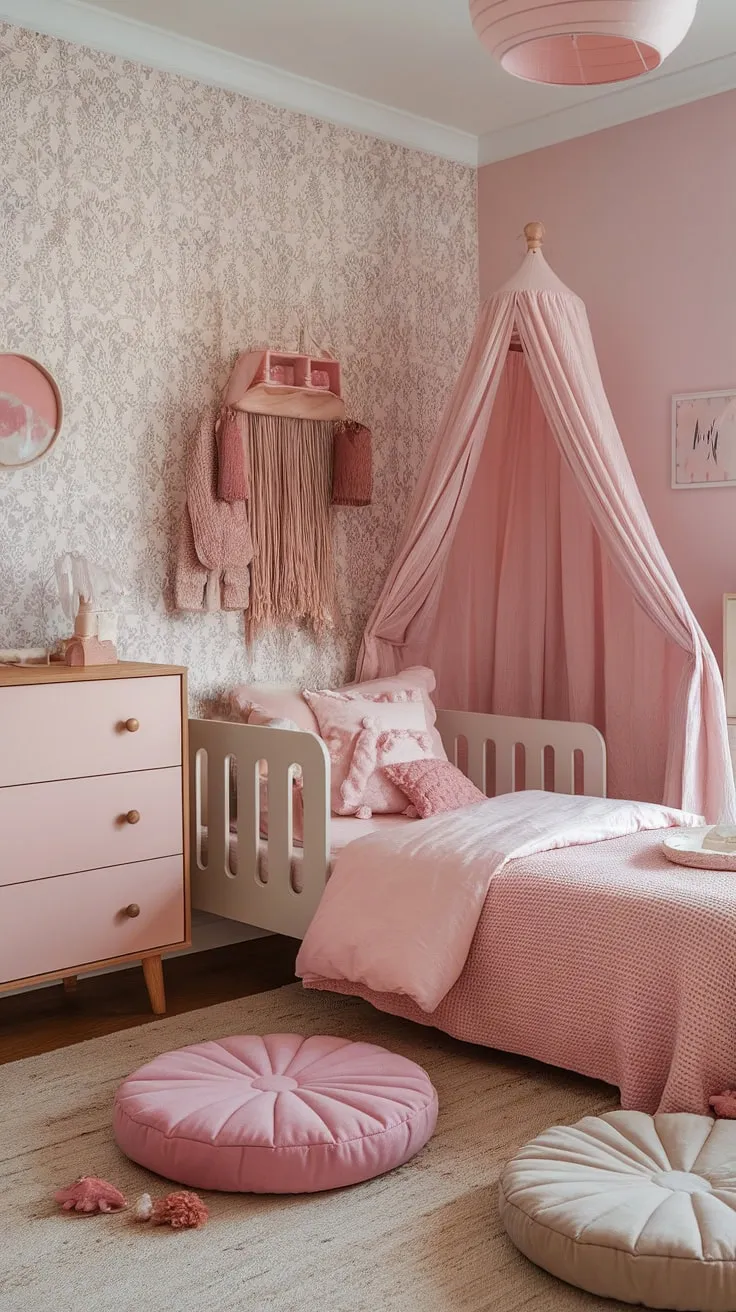 This boho girls room is the epitome of boho kids bedroom girl style.  A curated collection of pink and beige tones creates a tranquil haven for your little one.  Find inspiration for your own simple toddler room girl with this pink boho toddler room, brimming with charming details and perfect for those seeking toddler room ideas girl boho.