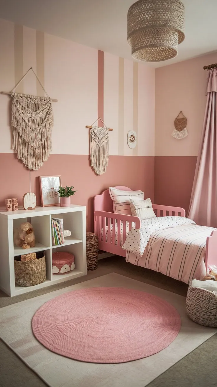 Dreamy and simple, this pink boho toddler room perfectly captures the essence of a boho girls room.  It's overflowing with kids room inspo girl, offering a calming and stylish space for little ones.  This toddler room ideas girl boho showcases a beautiful blend of textures and colors, making it the ultimate boho bedroom kids girl or boho kids bedroom girl haven.  The perfect example of toddler room themes girl, this design proves that less is more when creating a simple toddler room girl.
