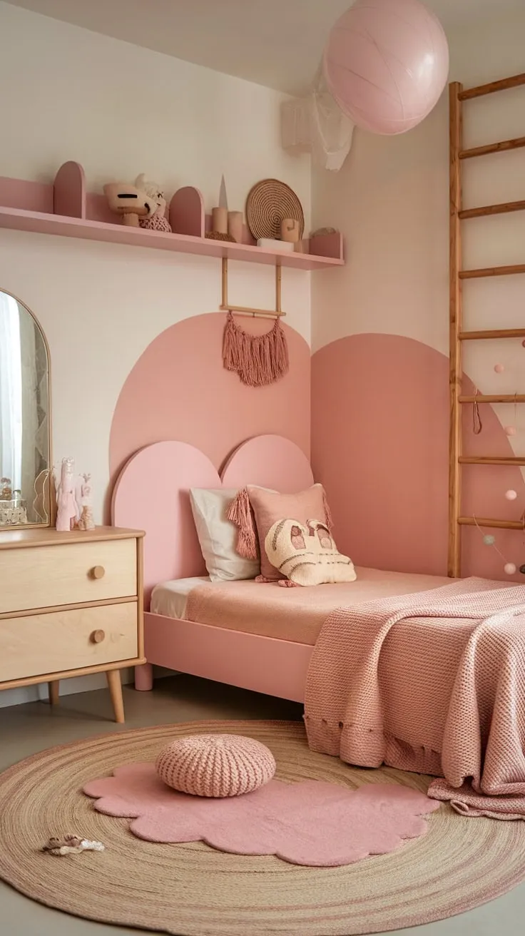 Dreamy and simple, this pink boho toddler room perfectly captures the essence of a boho girls room.  It's overflowing with kids room inspo girl, offering a calming and stylish space for little ones.  This toddler room ideas girl boho showcases a beautiful example of boho bedroom kids girl and boho kids bedroom girl themes, proving that a simple toddler room girl can be incredibly chic.  The perfect blend of pink and boho for toddler room themes girl.