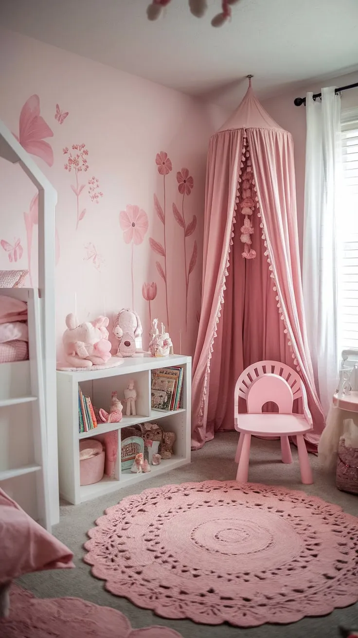 This simple toddler room girl is a testament to the beauty of less-is-more.  The pink boho toddler room design incorporates subtle boho elements, creating a calming and stylish space.  Perfect for those seeking toddler room themes girl, this room offers plenty of kids room inspo girl within a boho girls room aesthetic.  A stunning example of a boho bedroom kids girl space.