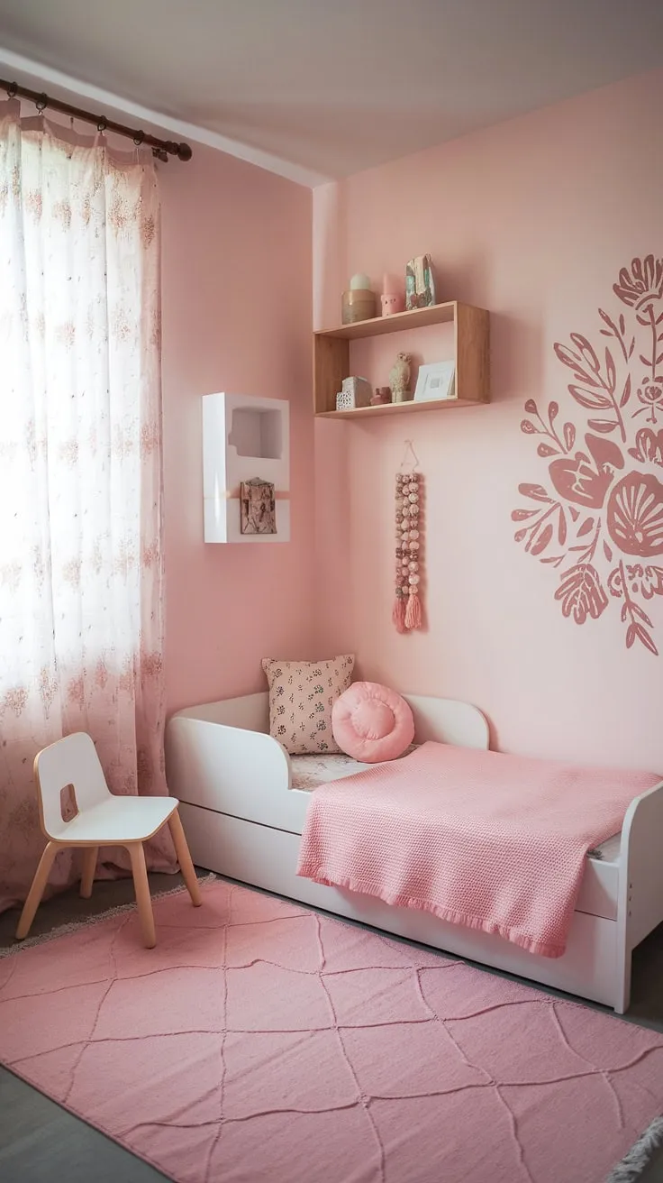 Dreamy and delicate, this pink boho toddler room offers a simple yet stylish space for little ones to grow.  Perfect for those seeking boho girls room inspiration, this design showcases the best of toddler room ideas girl boho and kids room inspo girl, creating a serene boho bedroom kids girl haven.  A charming example of toddler room themes girl.