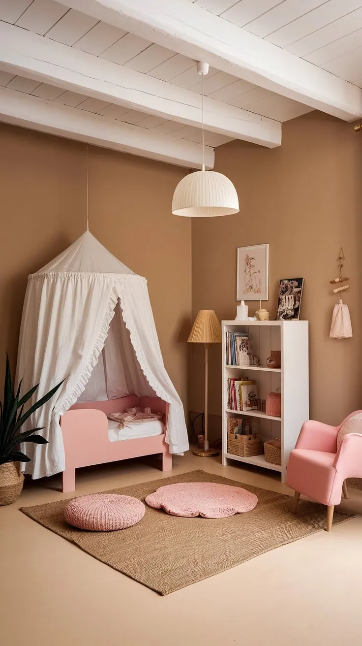 This pink boho toddler room is the epitome of dreamy girlhood.  From the ruffled canopy bed to the delicate details, this space is a perfect example of toddler room ideas girl boho.  Find inspiration for your own boho girls room with this simple toddler room girl design.  It's the ultimate boho bedroom kids girl, boho kids bedroom girl, and offers charming toddler room themes girl.