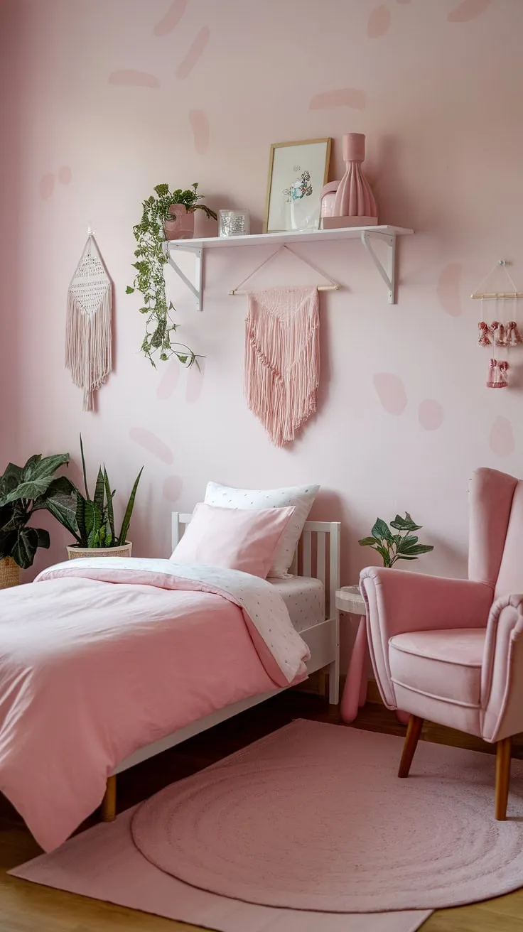 Dreamy and simple, this pink boho toddler room perfectly captures the essence of a boho girls room.  It's overflowing with kids room inspo girl, offering a calming and stylish space for little ones.  This toddler room ideas girl boho showcases a beautiful example of boho bedroom kids girl and boho kids bedroom girl themes, proving that a simple toddler room girl can be both chic and functional.  A perfect blend of toddler room themes girl.