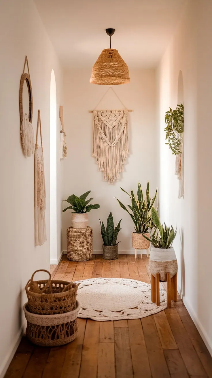 Step into a world of effortless style with this boho hallway.  The minimalist boho design, featuring a woven basket and macrame wall hanging, creates a cozy home decor haven. This whimsical bohemian decor perfectly complements the entryway design, showcasing the beauty of a balanced boho chic interior.