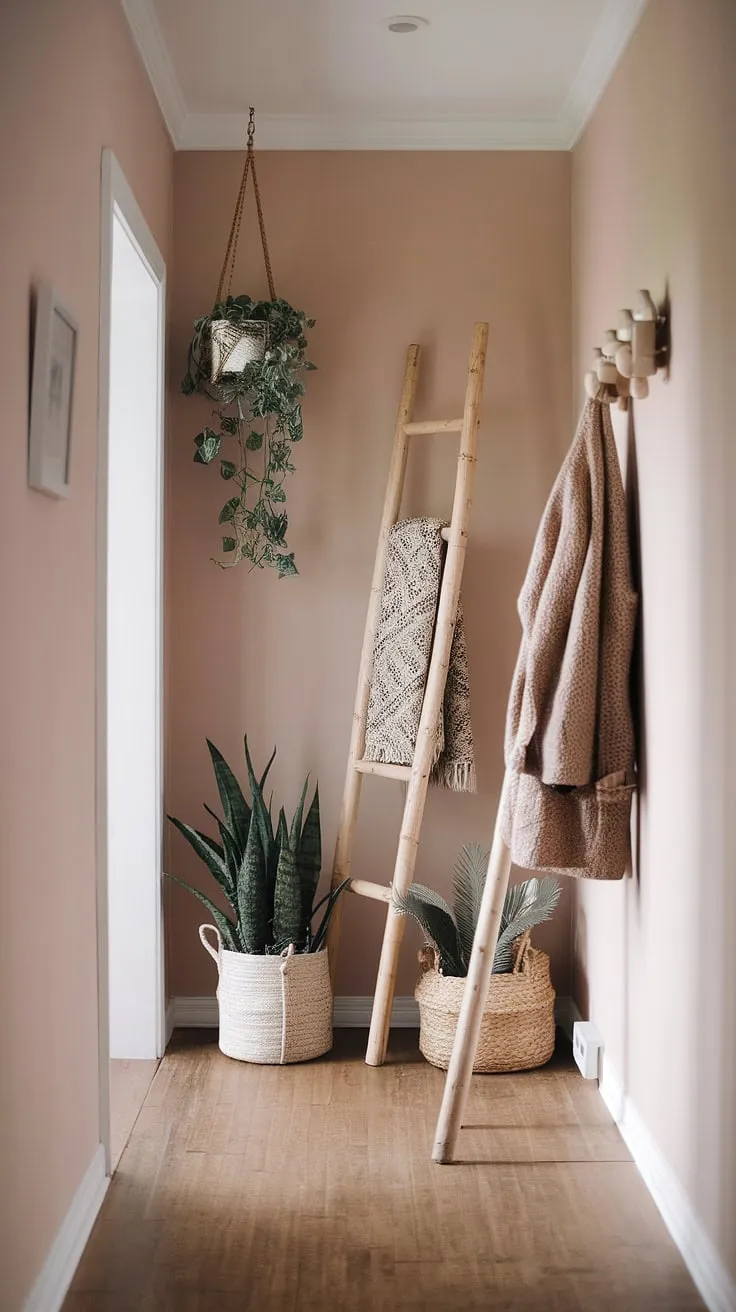 This boho hallway is the perfect blend of cozy home decor and minimalist boho design.  A few carefully chosen pieces—a plant, a wooden ladder, and some coats—create a whimsical bohemian decor vibe in this charming entryway design, showcasing simple yet stunning hallway decor.