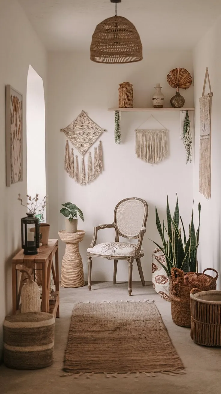 This boho hallway effortlessly blends minimalist boho design with cozy home decor.  The whimsical bohemian decor, from the vintage chair to the carefully placed plant stand, transforms this entryway design into a captivating space reflecting a unique boho chic interior.