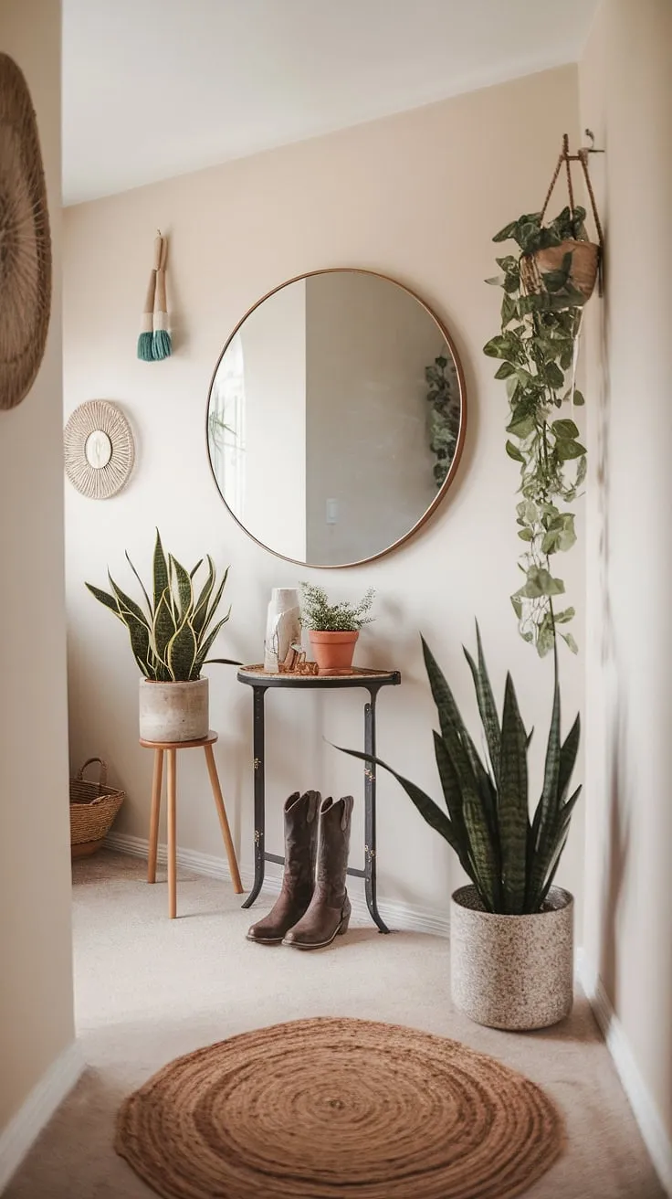 This boho hallway is a testament to the beauty of less is more.  The minimalist boho design, accented with carefully curated hallway decor and whimsical bohemian decor, creates a cozy home decor haven.  The entryway design is both inviting and uniquely stylish.