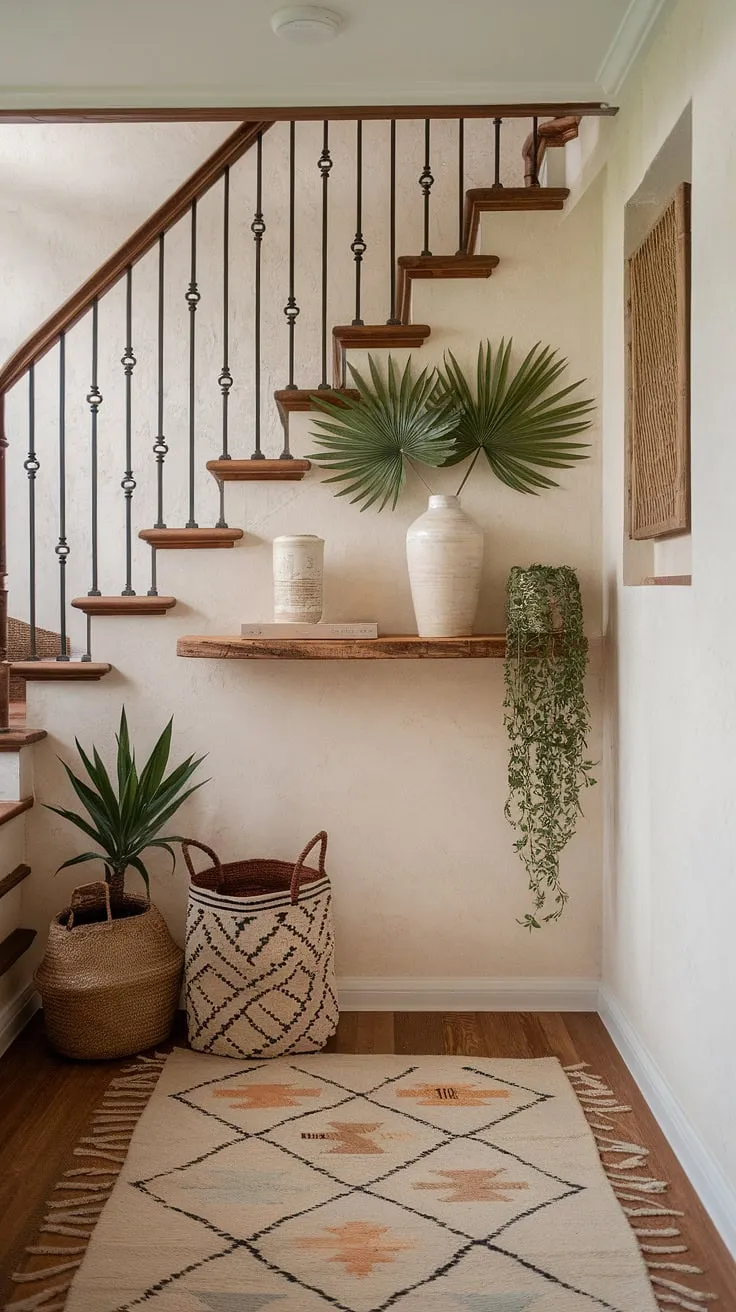 Step into a world of whimsical bohemian charm. This boho hallway, with its minimalist boho design and cozy home decor, sets the perfect tone for the rest of this boho chic interior.  The entryway design is a delightful blend of effortless style and cozy comfort.