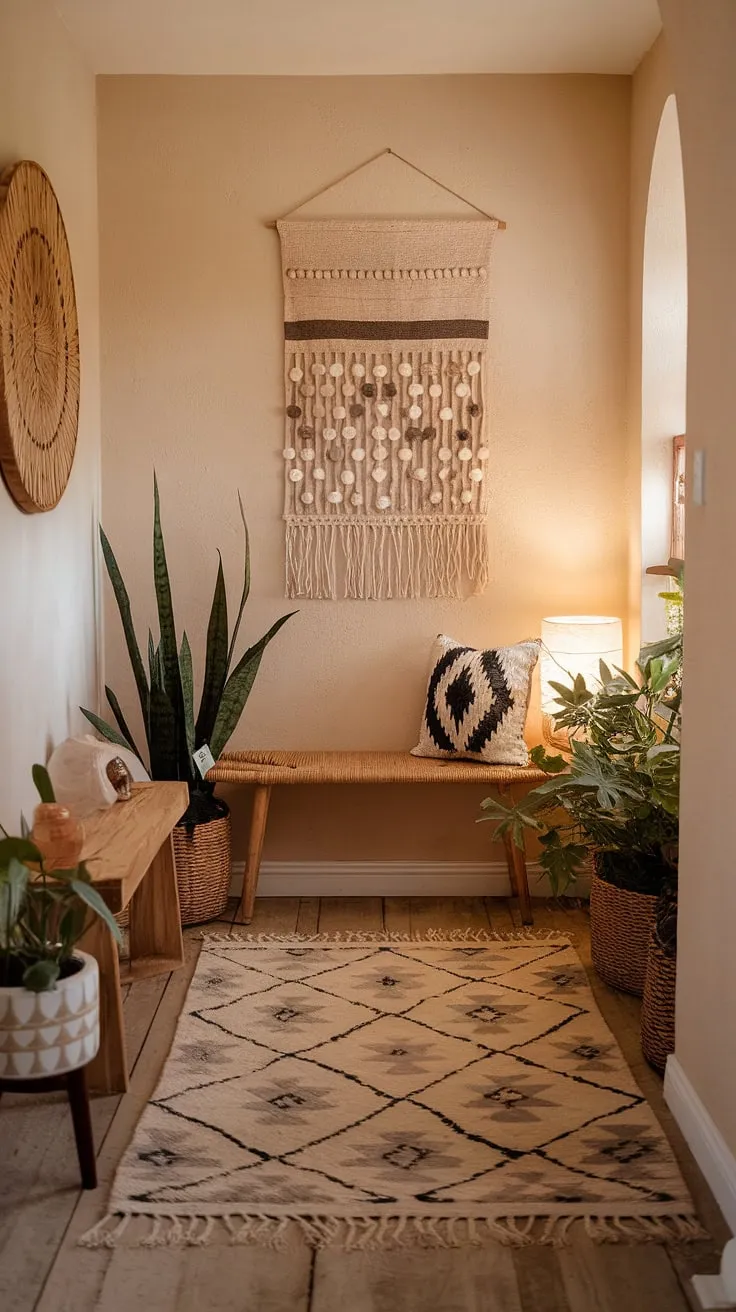 This boho hallway is the epitome of cozy home decor.  The hallway decor features a minimalist boho design, blending whimsical bohemian decor with a calming neutral palette.  The entryway design is both functional and stylish, with a wooden bench, potted plants, and a geometric rug creating a welcoming boho chic interior.