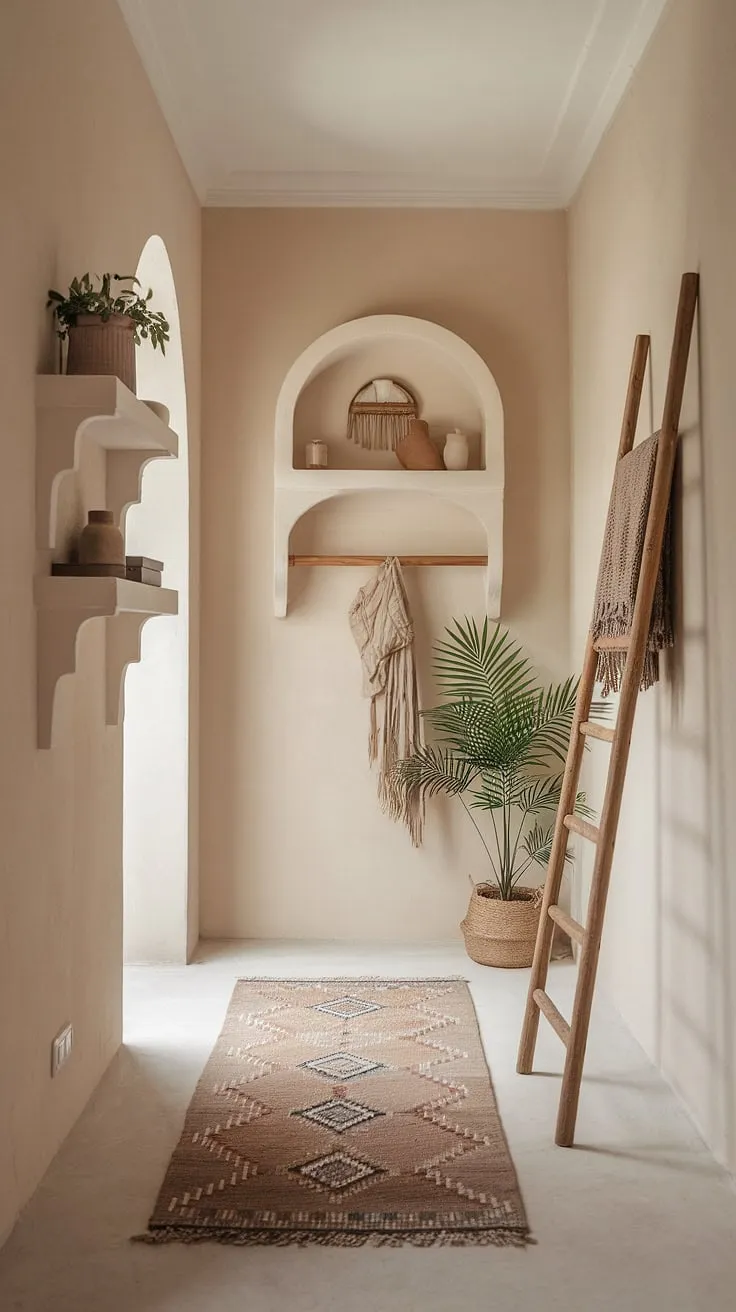 A touch of bohemian charm meets minimalist serenity in this boho hallway.  The soft beige walls and simple shelving create a calming atmosphere, while the wooden ladder and potted plant add a touch of whimsical bohemian decor to this stunning hallway decor.