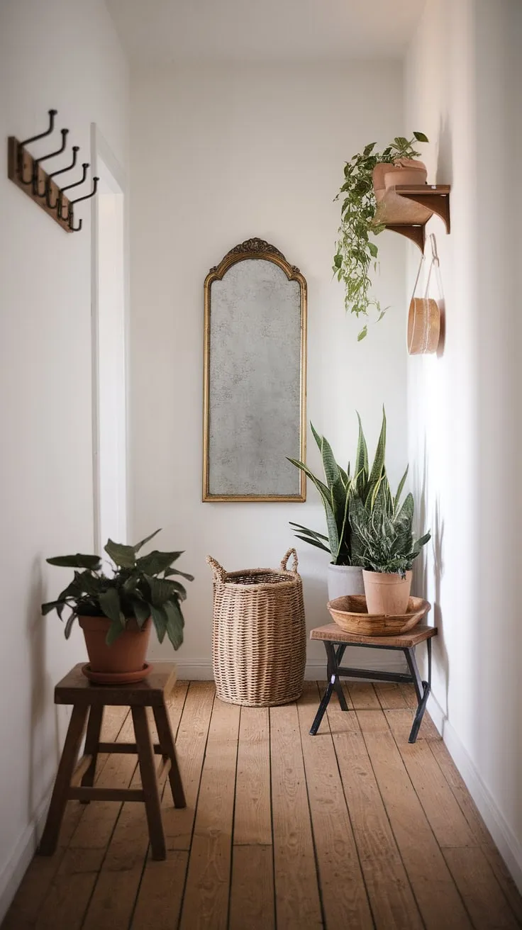 This minimalist boho design hallway effortlessly blends cozy home decor with whimsical bohemian decor.  The boho chic interior and thoughtful entryway design create a captivating boho hallway that welcomes you home.