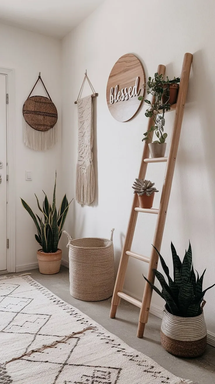 Step into a world of whimsical bohemian charm. This boho hallway, with its minimalist boho design and cozy home decor, sets the perfect tone for the rest of this boho chic interior.  The entryway design is a delightful blend of effortless style and cozy comfort.