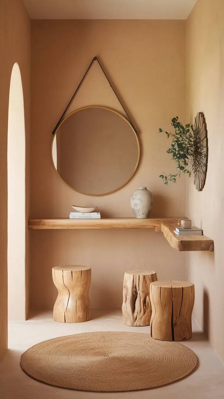 This boho hallway is the epitome of hallway decor done right.  The blend of minimalist boho design and whimsical bohemian decor creates a welcoming and stylish entryway design.  Soft lighting and a cozy woven rug add to the overall ambiance of this boho chic interior, making it a truly inviting space.