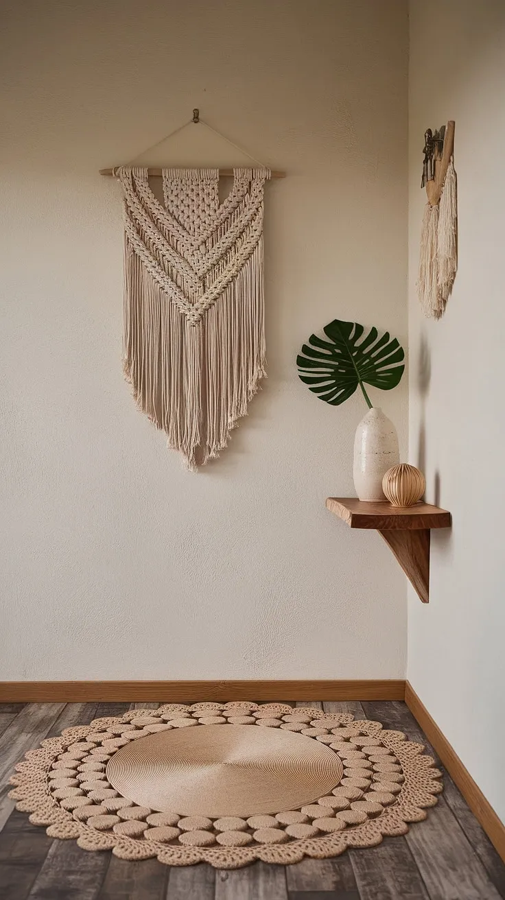 Step into tranquility with this minimalist boho design.  The whimsical bohemian decor of the boho hallway, featuring a cozy round rug and macrame wall hanging, creates a welcoming entryway design perfect for a cozy home decor aesthetic.  The simple wooden shelf adds a touch of natural elegance to this boho chic interior.