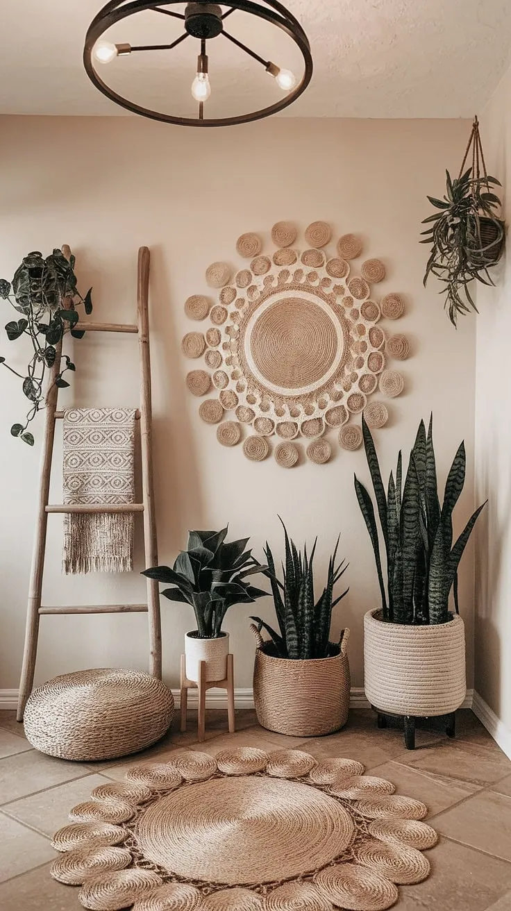 Step into a world of effortless style with this minimalist boho design.  The whimsical bohemian decor of this boho hallway creates a cozy home decor vibe, perfectly showcasing boho chic interior and thoughtful entryway design.