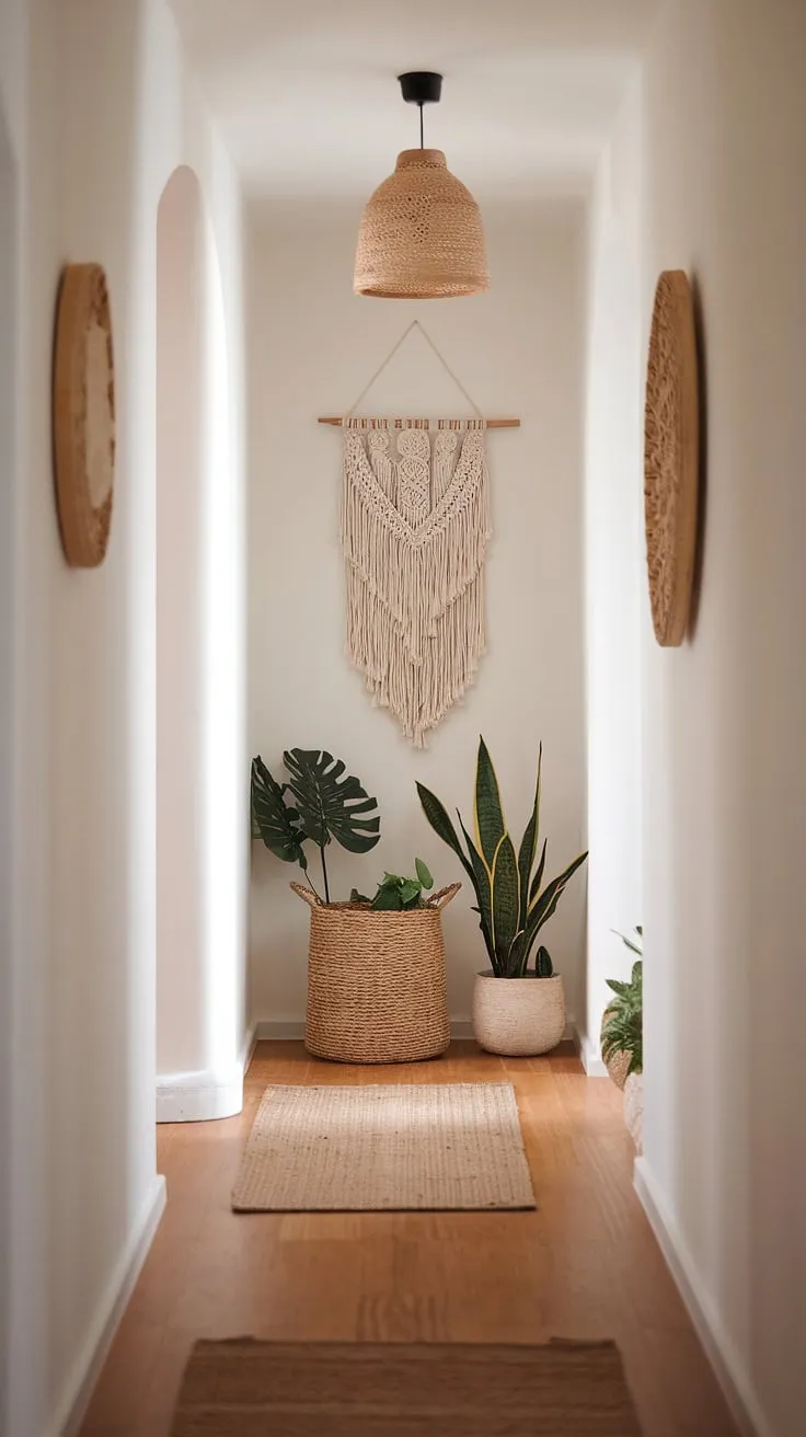 This boho hallway is the epitome of cozy home decor.  The hallway decor features a minimalist boho design, balancing clean lines with whimsical bohemian decor.  Rattan baskets, macrame wall hangings, and lush greenery create a serene and inviting entryway design within this boho chic interior.