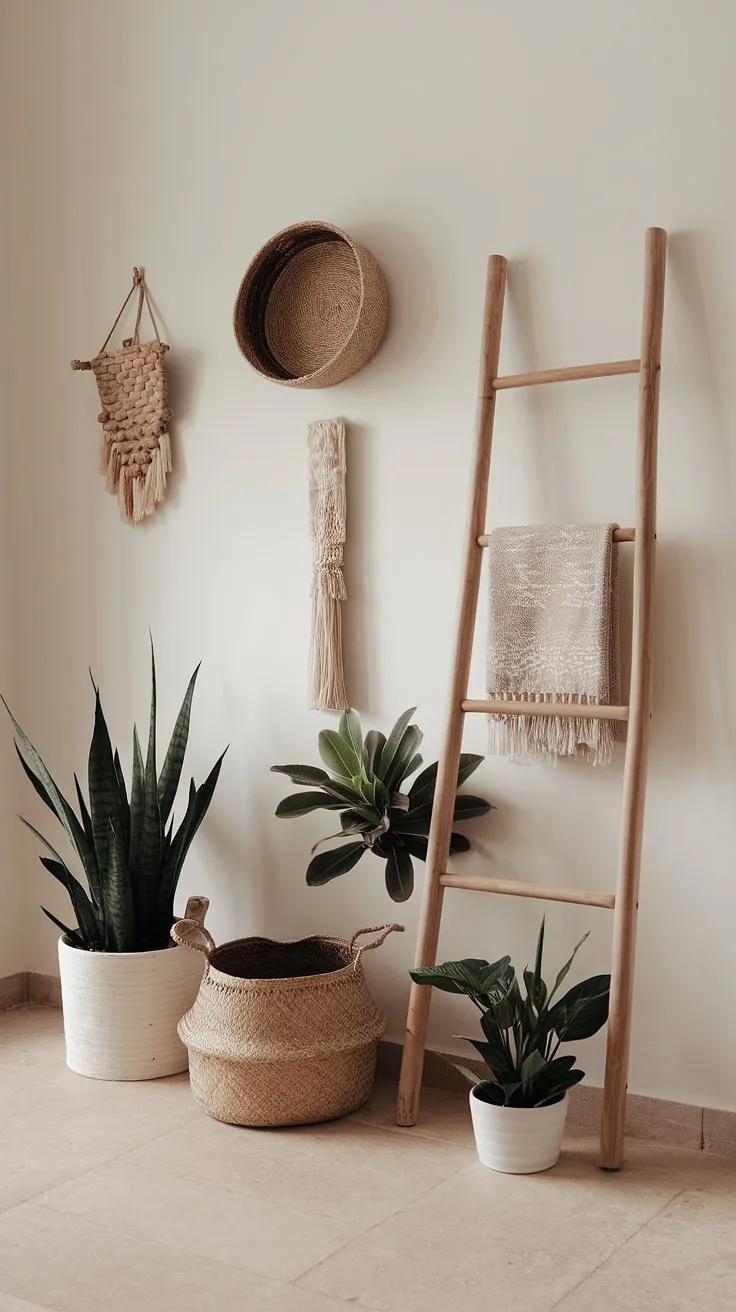 A touch of bohemian charm in this hallway decor.  The neutral palette and carefully curated pieces showcase a perfect balance of minimalist boho design and cozy vibes, making this boho hallway a true reflection of whimsical bohemian decor.