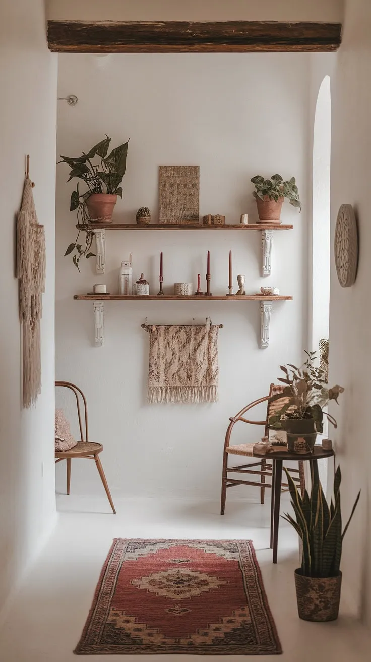 Step into a world of whimsical bohemian charm with this cozy hallway, showcasing minimalist boho design and a touch of boho chic interior. The entryway design perfectly blends boho hallway decor for a truly inviting home.