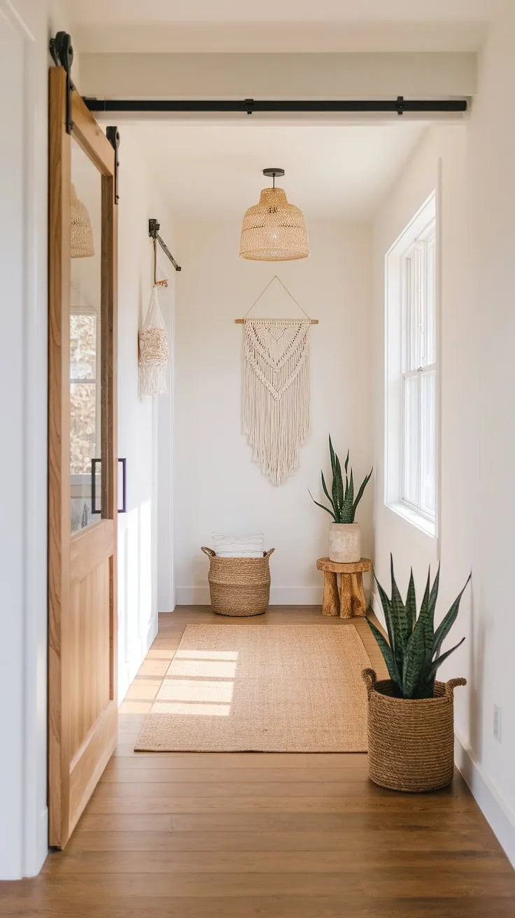 Step into a world of effortless style with this minimalist boho design.  The whimsical bohemian decor of this boho hallway creates a cozy home decor vibe, perfectly showcasing boho chic interior and thoughtful entryway design.
