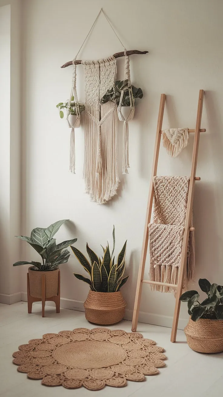 Step into a world of whimsical bohemian charm with this cozy hallway, showcasing minimalist boho design and a touch of boho chic interior.  The entryway design perfectly blends boho hallway decor for a truly inviting home.