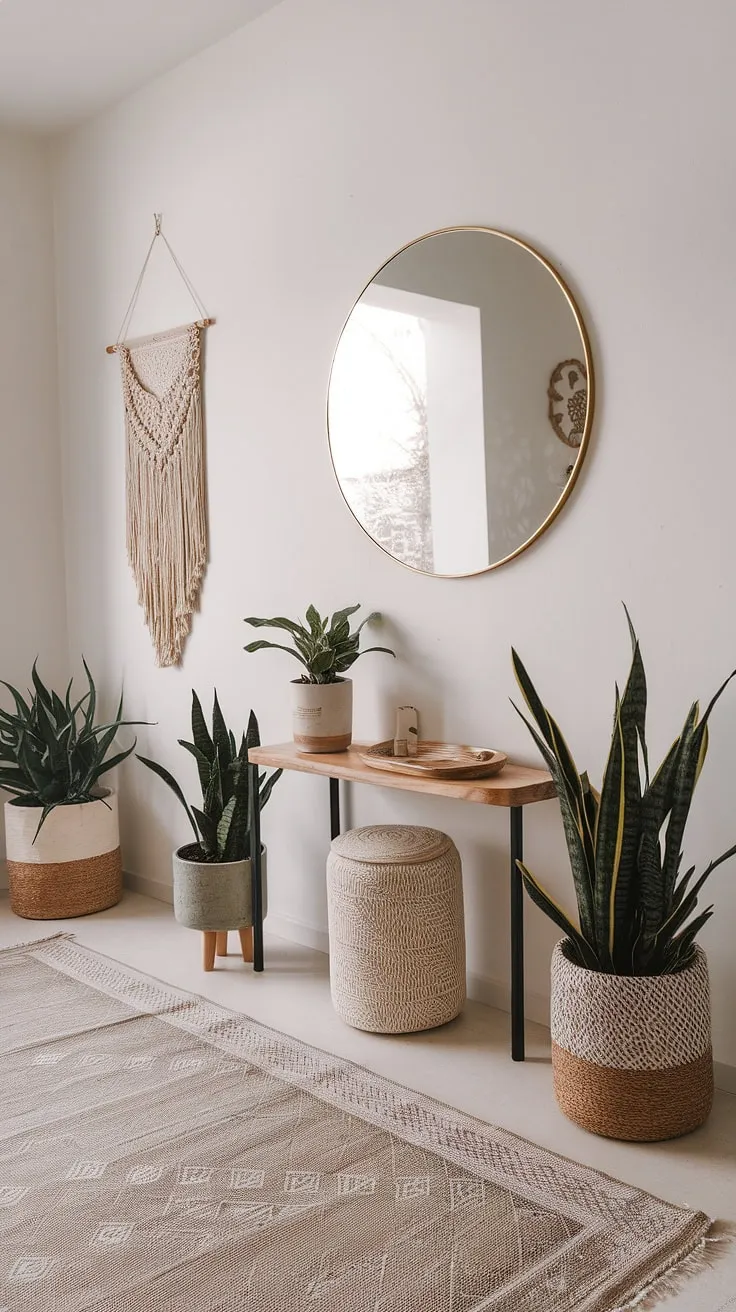 Step into a world of whimsical bohemian charm. This boho hallway, with its minimalist boho design and cozy home decor, sets the perfect tone for the rest of this boho chic interior.  The entryway design is a delightful blend of effortless style and cozy comfort.