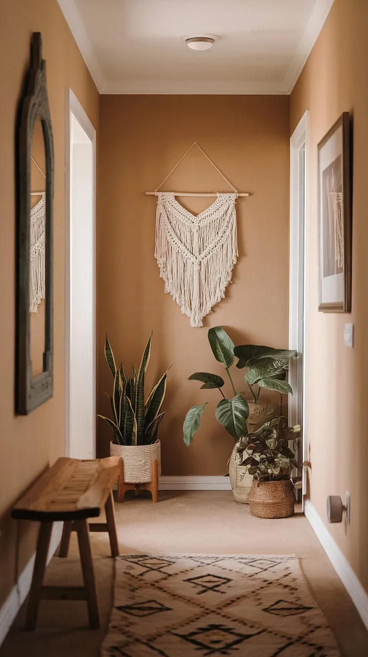 Step into a world of whimsical bohemian charm. This boho hallway, with its minimalist boho design and cozy home decor, sets the perfect tone for the rest of this boho chic interior.  The entryway design is a delightful blend of effortless style and cozy comfort.