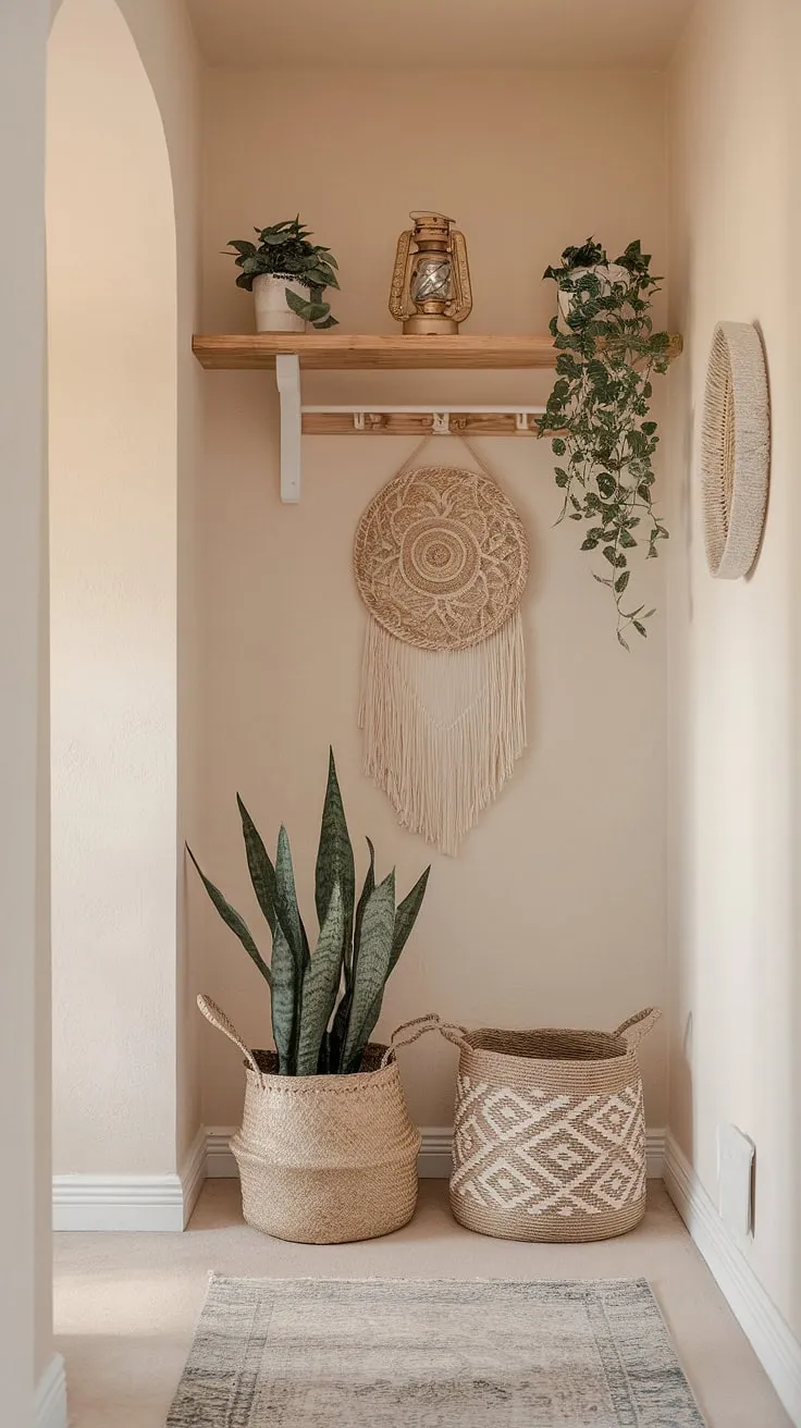Step into tranquility with this minimalist boho hallway.  The subtle blend of natural textures and whimsical bohemian decor creates a cozy home decor haven, perfect for setting the tone of your entryway design.  This boho chic interior showcases the beauty of simple, yet impactful hallway decor.
