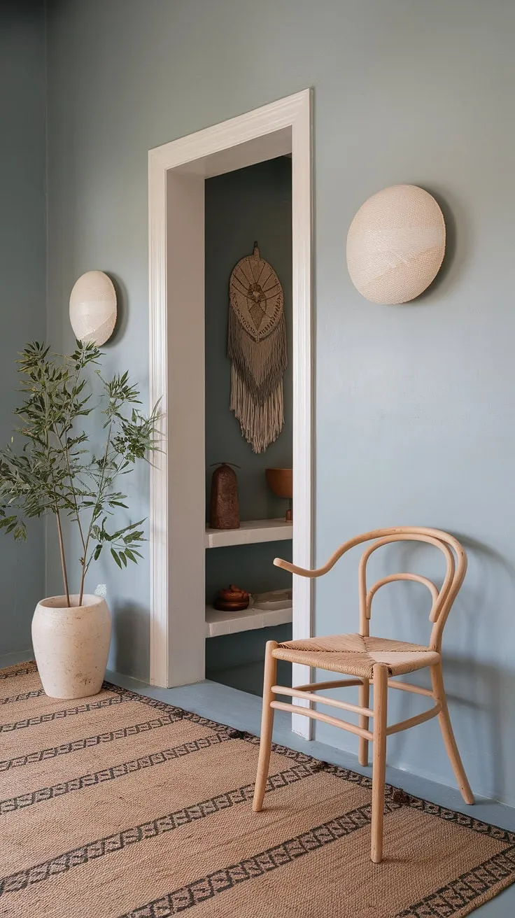 Step into a world of effortless style with this minimalist boho design.  The whimsical bohemian decor of this boho hallway creates a cozy home decor vibe, perfectly blending boho chic interior with a touch of understated elegance.  This entryway design is the epitome of calm and inviting.