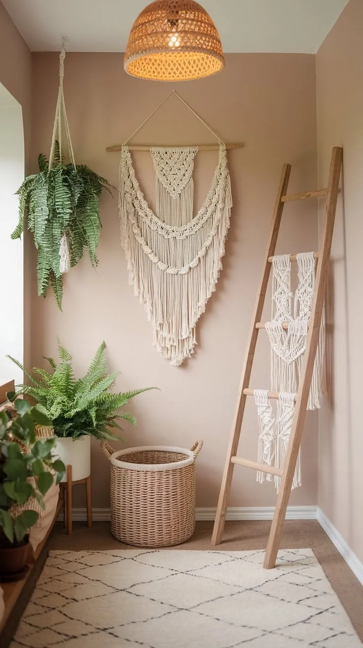 This boho hallway is the perfect blend of cozy home decor and minimalist boho design.  The whimsical bohemian decor and thoughtful entryway design create a truly enchanting boho chic interior.
