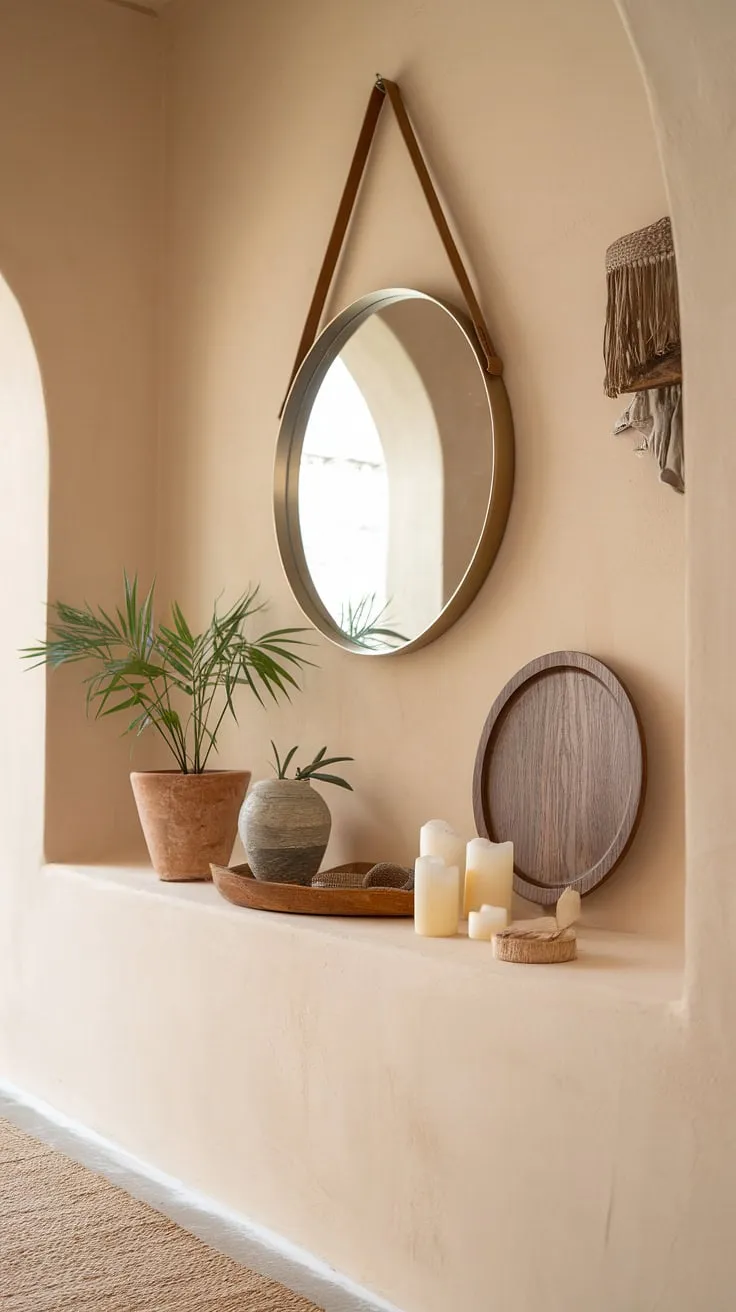 Step into a world of whimsical bohemian charm with this cozy hallway, showcasing minimalist boho design and a touch of boho chic interior. The entryway design perfectly blends boho hallway decor for a truly inviting home.