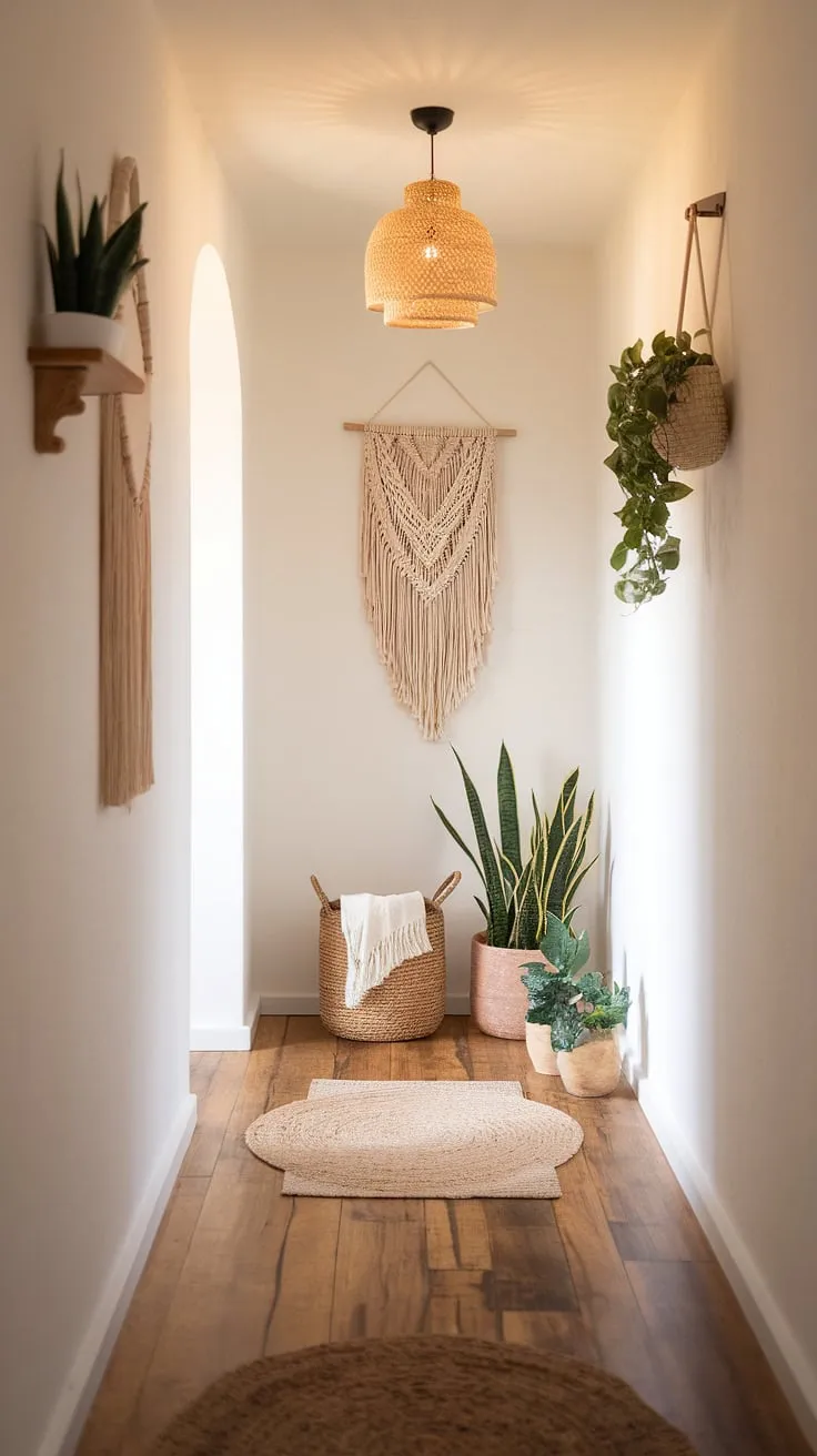 Step into a world of effortless style with this minimalist boho design.  The whimsical bohemian decor of this boho hallway creates a cozy home decor vibe, perfectly blending boho chic interior with a touch of understated elegance.  This entryway design is the epitome of calm and inviting.