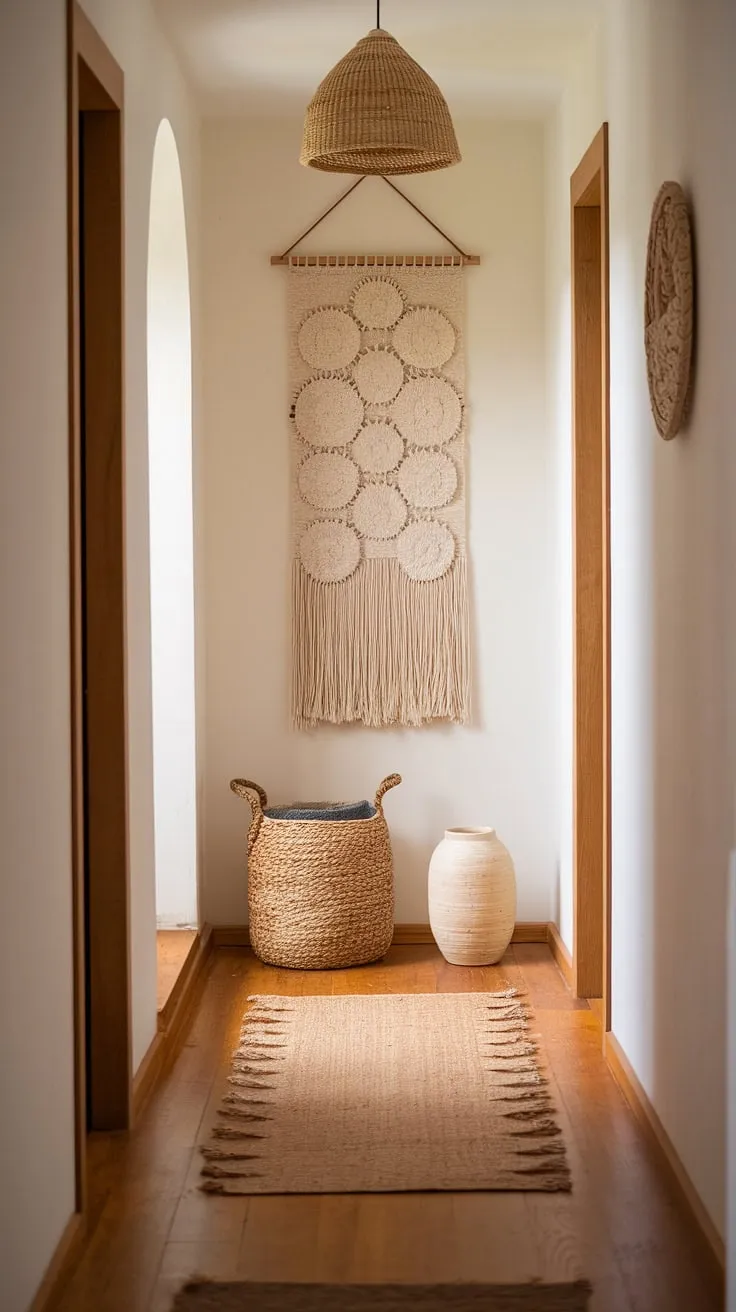 Step into a world of whimsical bohemian charm. This boho hallway, with its minimalist boho design and cozy home decor, sets the perfect tone for the rest of this boho chic interior.  The entryway design is a delightful blend of effortless style and cozy comfort.