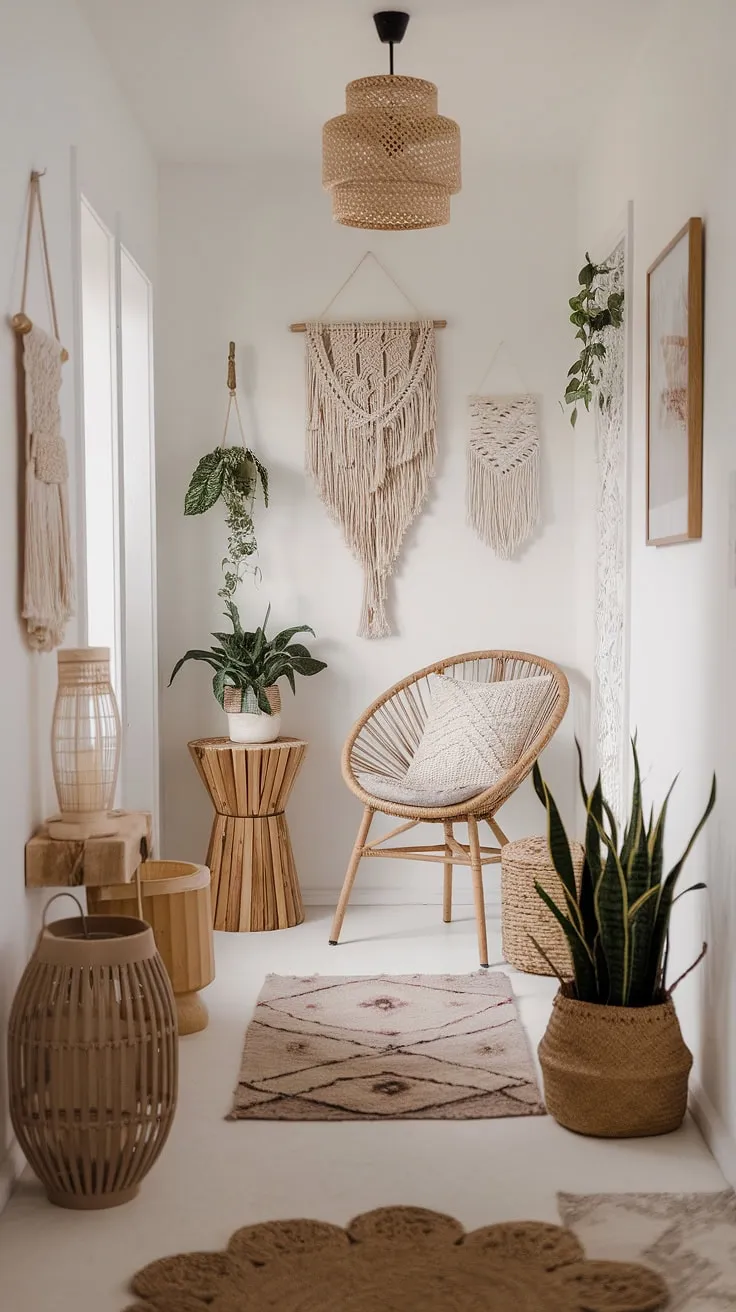 This boho hallway is the epitome of cozy home decor.  The whimsical bohemian decor and minimalist approach to boho chic interior design make this entryway a truly captivating space, showcasing the best of a boho chic aesthetic.