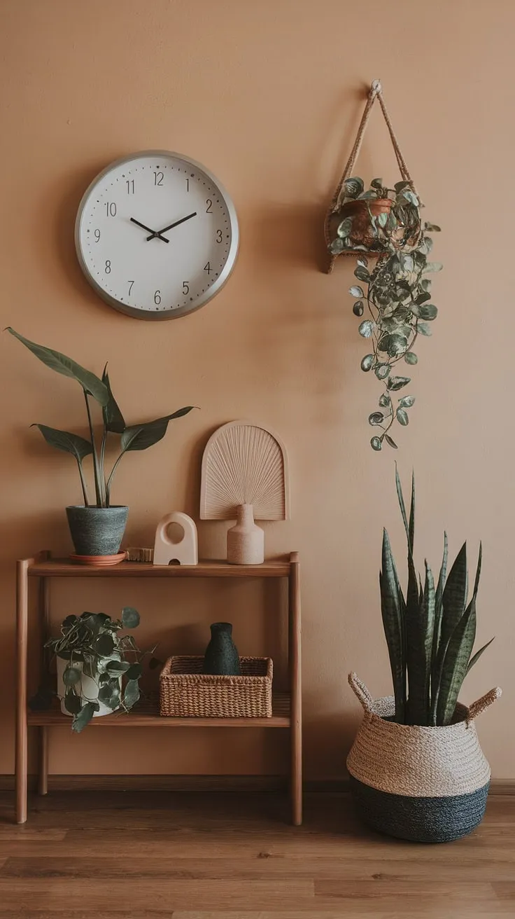This boho hallway showcases the beauty of minimalist boho design.  The simple yet stylish hallway decor, featuring a large clock and a few carefully chosen accents, creates a welcoming and cozy atmosphere.  The result? A whimsical bohemian decor statement that's both inviting and effortlessly chic.