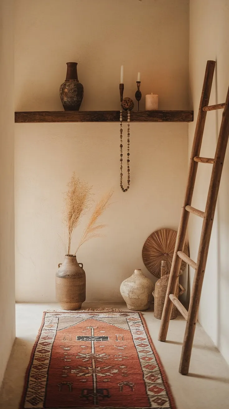 This boho hallway is the epitome of cozy home decor.  The whimsical bohemian decor and minimalist boho design create a captivating entryway design, effortlessly blending boho chic interior with a touch of effortless style.