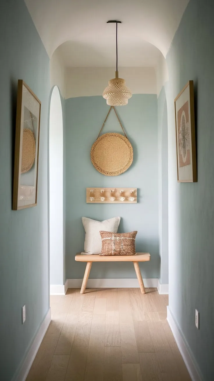 This boho hallway is the epitome of cozy home decor.  The whimsical bohemian decor and minimalist approach to boho chic interior design make this entryway a truly captivating space, showcasing the best of a boho chic hallway.