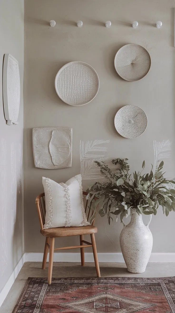 Step into a world of whimsical bohemian charm with this cozy hallway, showcasing minimalist boho design and effortlessly chic entryway decor. The boho hallway's decor perfectly blends cozy home decor with a touch of playful bohemian spirit.