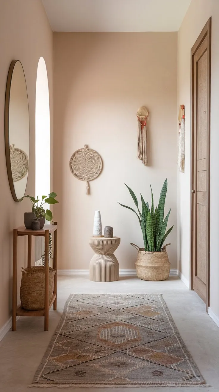 This boho hallway is a masterclass in minimalist boho design.  The soft beige walls, patterned rug, and carefully curated whimsical bohemian decor create a cozy home decor haven.  A perfect example of stylish entryway design with a touch of boho chic interior.