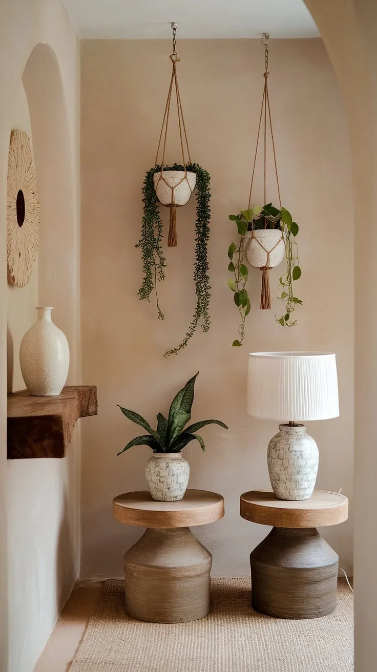 Step into a world of whimsical bohemian charm with this cozy hallway, showcasing minimalist boho design and effortless boho chic interior. The entryway design is a perfect blend of boho hallway decor and inviting home accents.