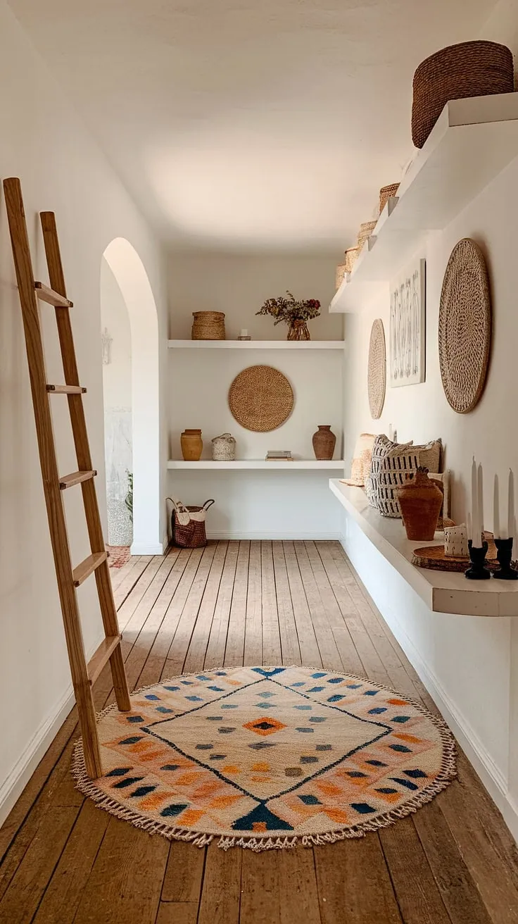 Step into a world of effortless style with this minimalist boho design.  The whimsical bohemian decor of this boho hallway creates a cozy home decor vibe, perfectly blending boho chic interior with a touch of understated elegance.  This entryway design is the epitome of calm and inviting.