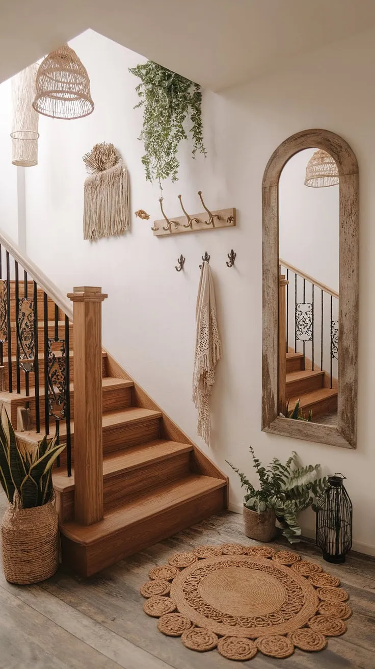 Step into a world of effortless style with this minimalist boho design.  The whimsical bohemian decor of this boho hallway creates a cozy home decor vibe, perfectly blending boho chic interior with a touch of understated elegance.  This entryway design is the epitome of calm and inviting.