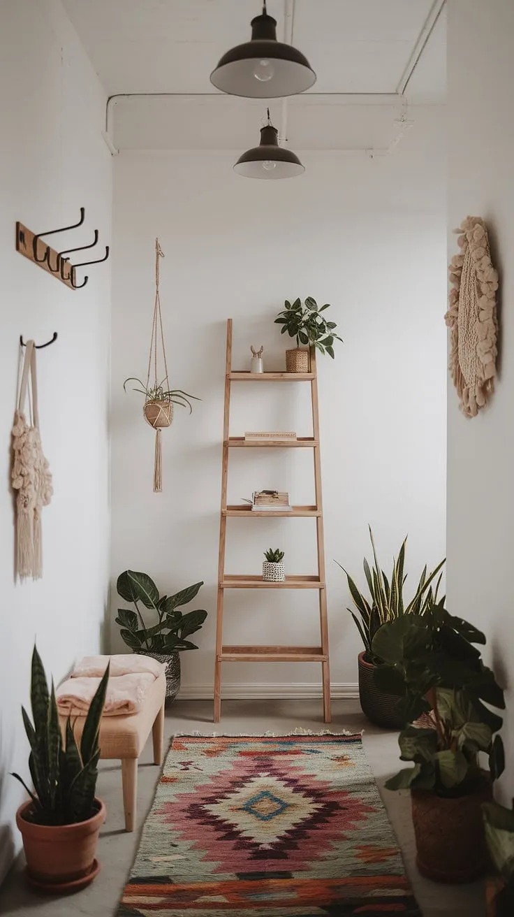 This boho hallway is the epitome of cozy home decor.  Minimalist boho design meets whimsical bohemian decor in this stunning entryway design, creating a boho chic interior that's both stylish and serene.