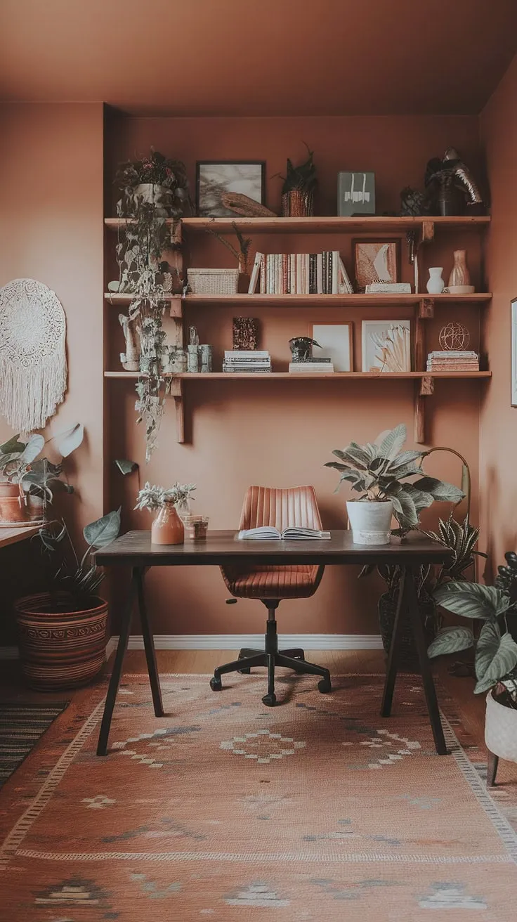 Escape the ordinary in this terracotta office design.  This boho home office, brimming with natural textures and earth-toned office décor, is the ultimate workspace for inspired productivity.