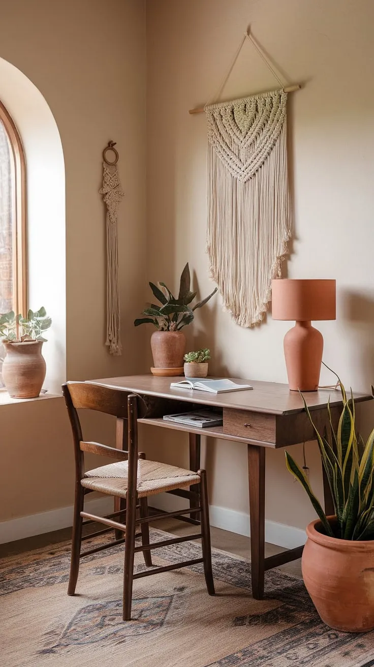 Escape to this earth-toned office, a haven of calm and inspiration.  This cozy boho office, with its terracotta office design and carefully curated details, is my happy place – a sanctuary where work feels less like work and more like self-care.