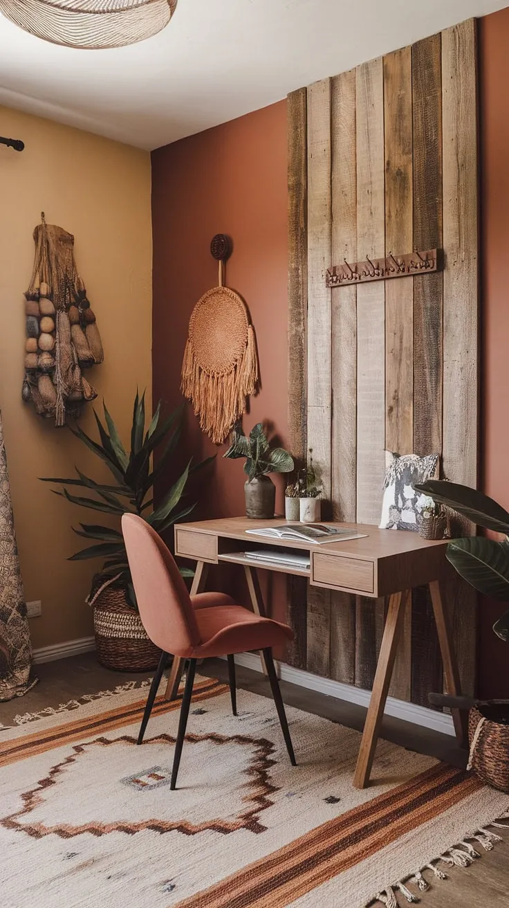 Escape to your own personal sanctuary with this terracotta office design. This earth-toned office, a haven of boho home office style, invites you to work, dream, and create in a space that nurtures your soul.